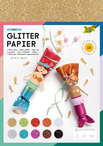 folia 880409 - Glitterpapier BASIC, 24 x 34 cm, 10 Bogen in 10 glitzernden Farben, Papierstärke 160 g/m²