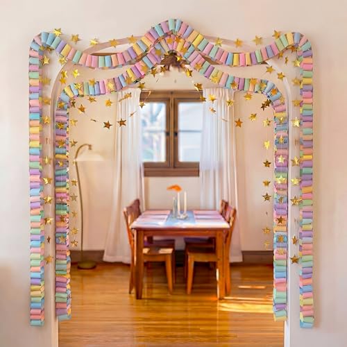 Maitys 500 Sheets Paper Chain Strips and Mirror Star Garland 13 Feet Paper Crafts Banner with Double Sided Tape for Crafting Birthday Wedding Festival Theme Party Decor (Macaron 3 x 8 Inches)