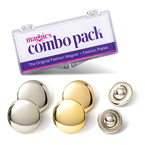 Maggie Snaps Combo Pack, Magnetic Snap Buttons with 4 Fashion Plates, Reusable Magnetic Balls for Fastening Fabrics, Patented Round Magnets, Alternative to Safety Pin, Pack of 2 - My Maggies