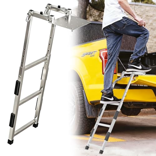Image of Tailgate Ladder for Pickup Trucks Bed Universal Fit - Rust-Proof Stainless Steel Truck Step Adjustable to 42 inch, Non-Slip Aluminium Steps & Replaceable Rubber Feet, Driving Safety Straps & Bump Pads