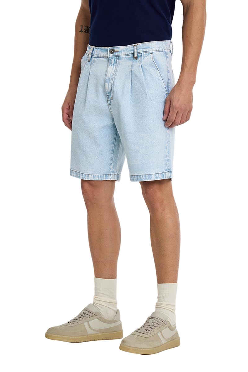 Men Denim Shorts Street Wear | Regular Fit Ice Blue Acid Washed & Pleated Front Design | Durable 100% Cotton Fabric for Summer Vacation & Daily Casual Outings-image-33