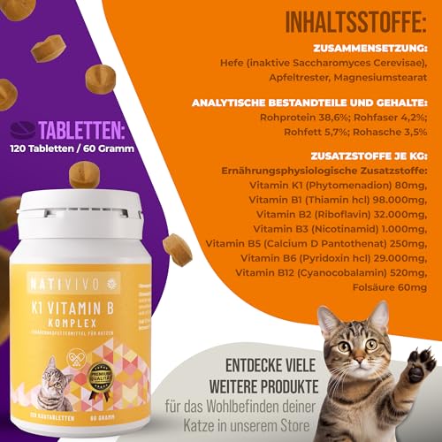 NatiVivo K1 Vitamin B Komplex Katze – hochdosierte Hunde Vitamine mit Vitamin B1, B12 & Folsäure Vitamine für Katzen 120 Premium Tabletten Made in Germany