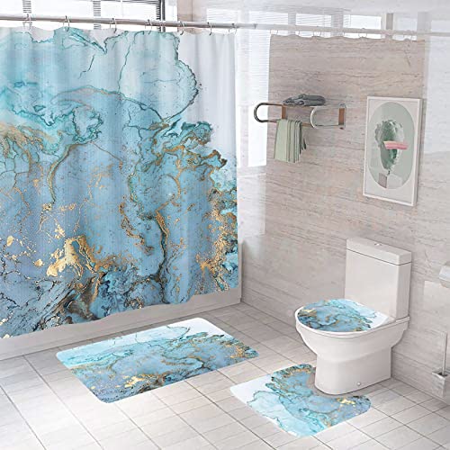 Critruol 4-teiliges Hellblaues Marmor-Duschvorhang-Set Mit Rutschfesten Teppichen Cover