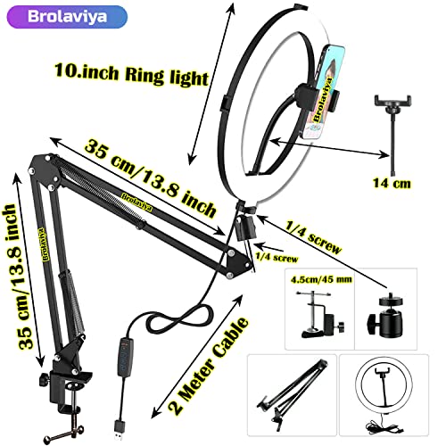 BROLAVIYA-Overhead-Video-Mobile-Stand-with-10inch-Ring-Light-Metal-Arm14-Male-Adaptor-for-CameraGoproMobile-Bracket-for-VideoDesktopBedroom-Office
