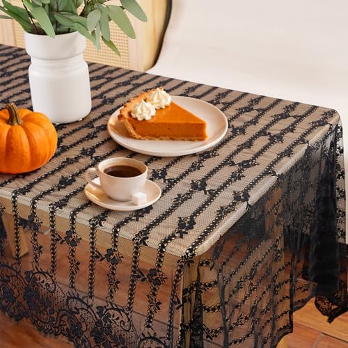 Ziweidue 60x120-Inch Black Lace Tablecloth – Elegant Bridal Tulle Rectangle Table Linens for Weddings, Holiday Parties, and Rustic Decor (Black)