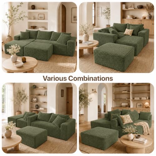 Image of Claiks 104 inch Boneless Couch, U-Shape Corduroy Sectional Sofa, Green