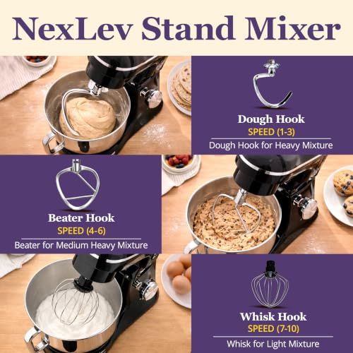 Image of NexLev Stand Mixer |5 L Stainless Steel Bowl | 1500W | Stand Mixer For Baking with 10 Speeds | Whisk, Beater & Dough Hook |100% Copper Motor |For Roti & Cookie Dough, Cake Making & more | ST-01
