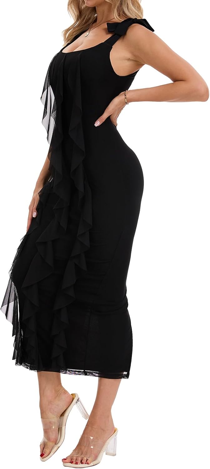 Women's Sexy Bodycon Maxi Dress Ruffle Ruched Cocktail Party Stretch Tied Strap Split Slim Dresses - Image 6