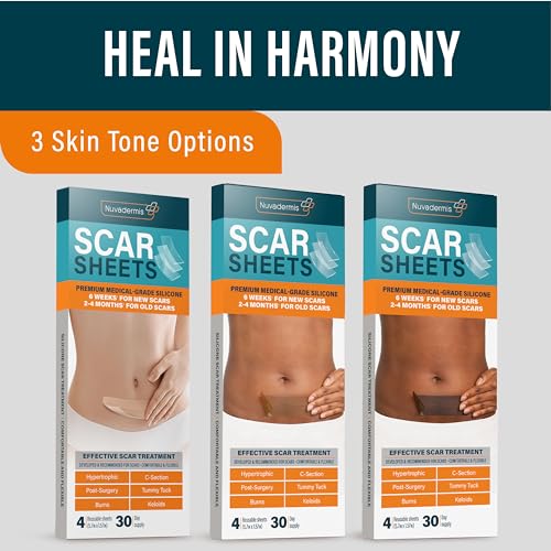 Image of NUVADERMIS Silicone Scar Sheets - Extra Long Scar Sheets for C-Section, Tummy Tuck, Keloid, and Surgical Scars - Reusable Medical Grade Silicone Scar Sheets - 2 Packs of 4 - Dark Tone