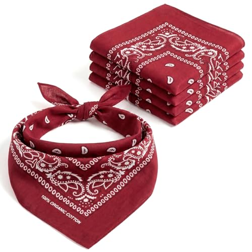 AURAE Bandana Rojo Oscuro – 100% Algodón & Fibra Natural – Pañuelo Cabeza Hombre y Mujer Sin Poliéster – Suave, Resistente & Lavable – Bandana Hombre y Mujer – Unisex & Niños - 5 Pack