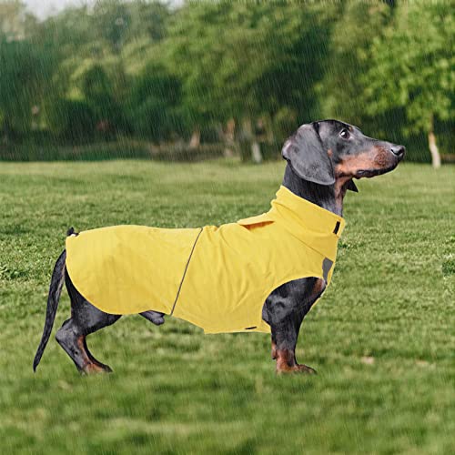 Morezi Wasserdicht & Regendicht Hundemantel mit Reflexstreifen & Bauchschutz - Leicht anzuziehen (Klettverschluss) - für Dackel & Corgi - Gelb - XL
