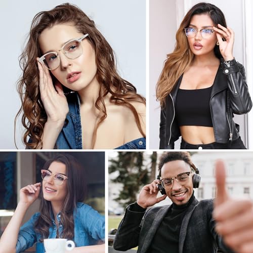 Image of Przene Blue Light Blocking Glasses for Men Women Retro Round Semi Rimless UV400 Computer Eyewear 3-Pack Pink /leopard /transparent
