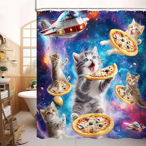 Image of Funny Shower Curtain, Galaxy Space Cute Cat Pizza Colorful Fabric Bathroom Accessories Decor Curtain, Cute Hilarious Anime Boys Girls Shower Curtains for Bathroom, with Hooks 72x72 Inch