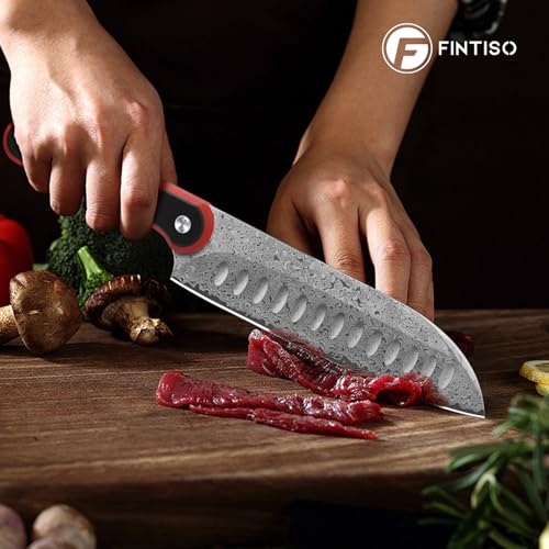 Image of FINTISO Chef Knife 7 Inch Kitchen Knife, Sharp Santoku Knife 67-Layer Damascus Steel with 10Cr15CoMoV Steel Core, Professional Cooking Knife with Ergonomic Full Tang G10 Handle for Chopping Slicing