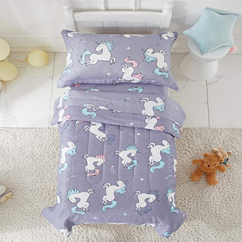 Uozzi Bedding Unicorn 4 Piece Toddler Bedding Set With Rainbow Stars Blue-Gray - Includes Adorable Quilted Comforter, Fitted Sheet, Top Sheet, And Pillow Case For Girls Boys Bed #TOP4
