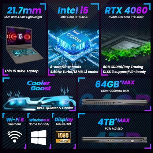 Image of MSI Ultra Thin 15 VR-Ready Gaming Laptop, 15.6 inch FHD 144Hz, Intel i5-13420H(Beats Ryzen 7 7435HS), NVIDIA GeForce RTX 4060, 32GB RAM, 4TB SSD, Backlit KB, Wi-Fi 6, Bundle with PCO Notebook Fold Cooler