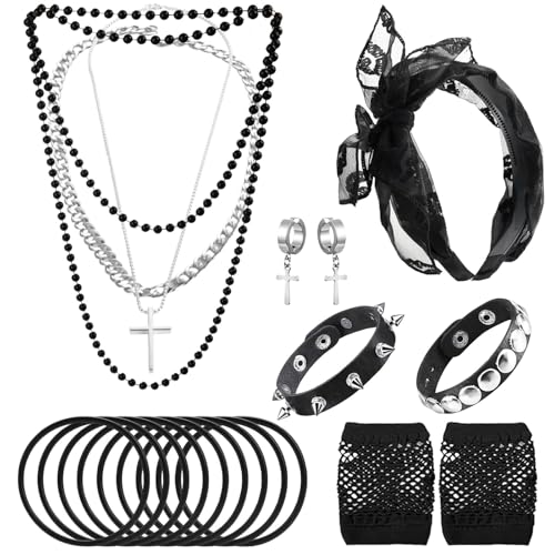ZenithAura 80er Jahre Outfit Damen Punk Verkleidung Set Mit Spitzen Stirnband Ohrringen Netzhandschuhen Halskette Armband Für 80er Retro