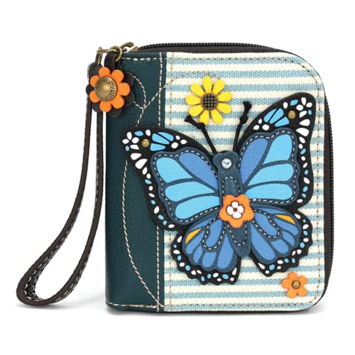 Image of CHALA Zip Around Wallet, Wristlet, 8 Credit Card Slots, Sturdy Pu Leather - Blue Butterfly - blue stripe