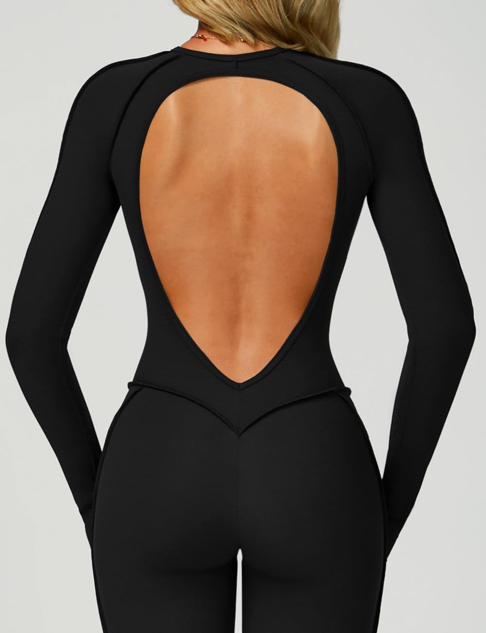 AEEZO Womens Sexy Backless Long Sleeve Padded Workout Jumpsuit Contour Stitch Yoga Rompers One Piece Tummy Control Bodysuit - Image 4