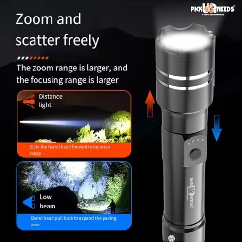 Image of Pick Ur Needs Rechargeable Home Emergency LED 150W Super Bright with Zoom, 6 Modes, 1800mAh Battery Metal Search Torch Light