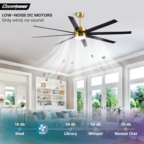 Image of Conciseer 72 Inch Ceiling Fans with Lights and Remote for Living Room Kitchen Library Cafe Outdoor /Industrial Use, 3CCT Dimmable, Dual Color 8 Blades 6 Speed Reversible Quiet DC Motor, Gold /Black