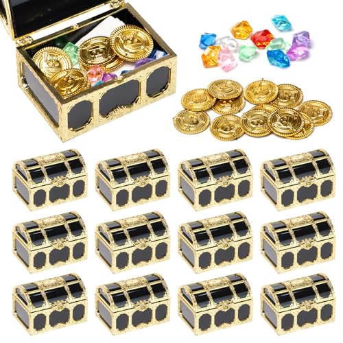 Neikafan 12 Piezas Mini Cofre Pirata Plástico,12 Gemas para Los Niños y 12 Monedas de Oro Cofre Tesoro Pirata para La Decoración de Piratas Cumpleaños de Los Niños Fiesta de Piratas