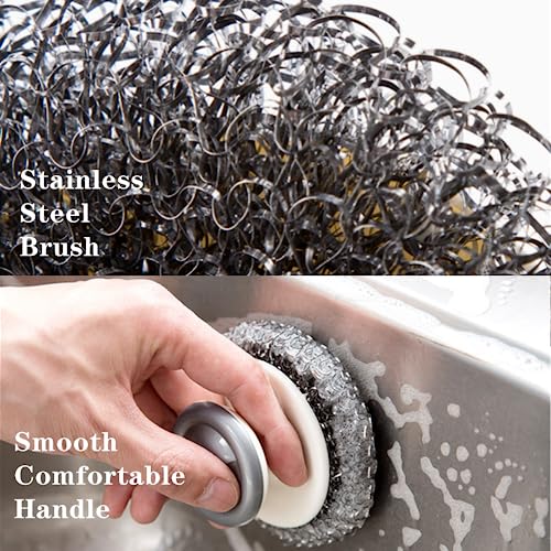 Image of 3 PCS Stainless Steel Scrubber with Handle Durable Steel Wool Scrubber Pot Scrubber Dish Scrubber for Cleaning Cast Iron, Dishes, Stock Pots, Pans, Griddles, Grills