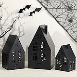 Beeveer Halloween Village Black Metal Houses Tabletop Decor Set of 3 Metal Pre-lit Halloween Haunted House Decor Sculpture Town Candle Lanterns for Parties & Events
