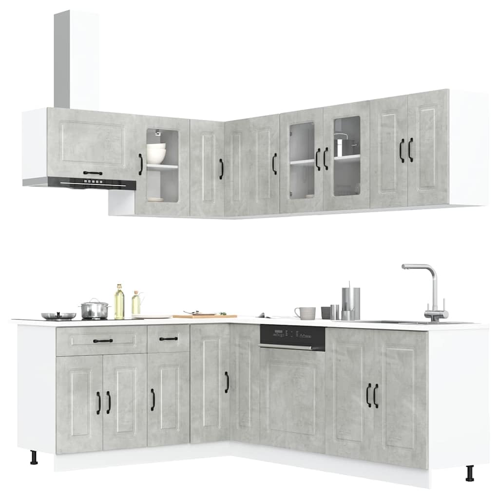 Set di 11 mobili da cucina Kalmar grigio cemento, mobili da cucina modulari in legno, mobili da cucina modulari con pensili e pensili per riporre oggetti e ordine