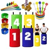 SKIKHN Jeux Exterieur Enfant, 4 in 1 Ensemble de Sports Day Jeux avec Médailles, Course À 3 Pattes, Course en Sac, Course Aux Oeufs, Jeux de Plein Air, pour Anniversaires, Journée Sportive, Kermesse