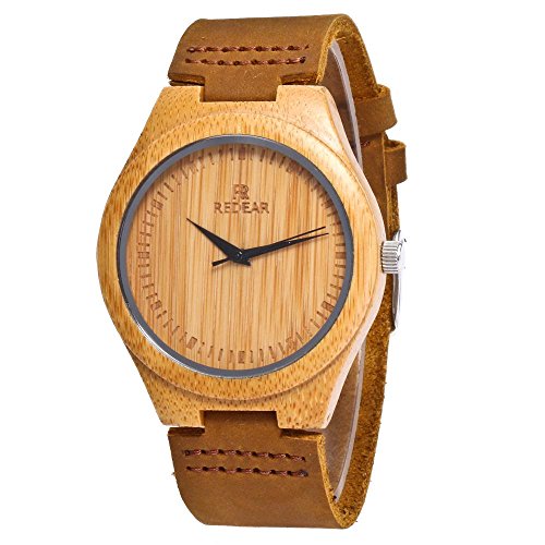 Montre en Bois, CONMING Montre en Bambou Naturel en Bois Fait à la Main en Bois Grain Véritable Peau de Vache en Cuir Vintage Montre à Quartz Japonais Mouvement