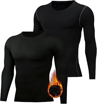 2 Pack Mens Thermal Compression Shirts Fleece Lined Running Cycling Ski Base Layers Long Sleeve Underwear Top