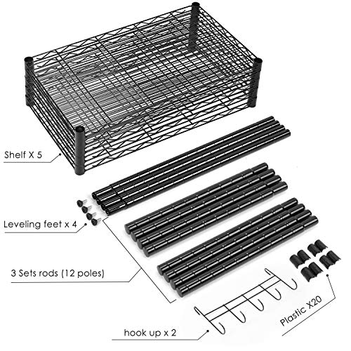 LEHOM 5-Wire Shelving Metal Storage Shelves, Adjustable Shelf with Stainless Side Hooks & Adjustable Leveling Feet for Laundry Bathroom Kitchen Pantry ,220 LBS Capacity- 23.63\"L×13.78\"W×59.1\"H Black