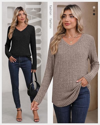 3 Pack Women's Long Sleeve Sweaters V Neck Curved Hem Tunic Tops Loose Fit Casual Basic Fall Sweaters Shirts3