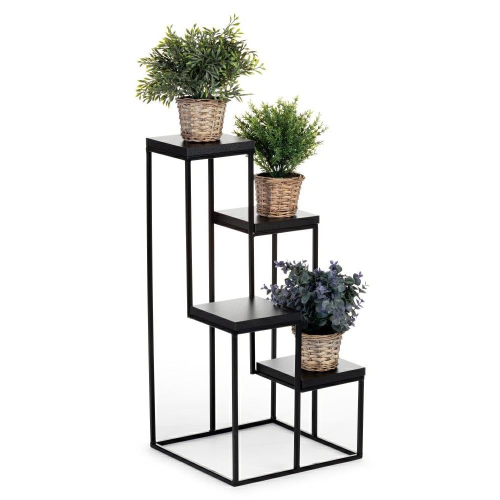 4 Etagen Blumentreppe - Metall Pflanzentreppe 70 cm Hoch - Blumenregal mit MDF-Platten in Schwarz für 4 Blumen - Blumenständer für die Innendekoration