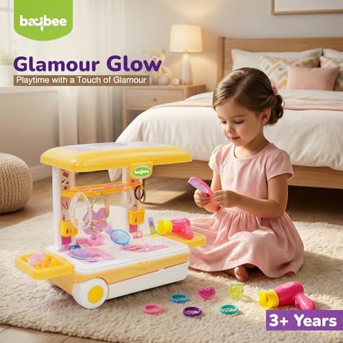 Image of Baybee Beauty Set Toys for Girls | Kids Makeup Set with Trolley Suitcase, Pretend Role Play Toys with Make up Table, Hair Accessories & Styling Tools, Portable Toy Set for Girls 3+ Years (Yellow)