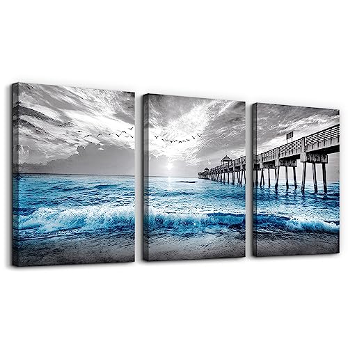 Wall Decorations For Living Room 3 Piece Framed Canvas Wall Art For Bedroom Office Wall Decor Black And White Wall Paintings Blue Ocean Sea Wave Pictures Artwork For Modern Posters Prints Home Decor