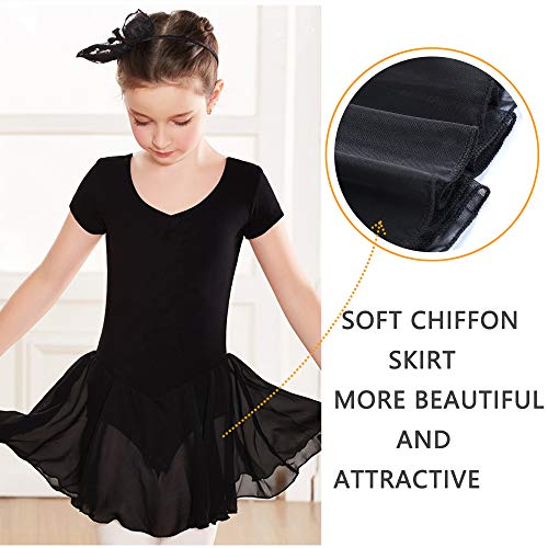 DIPUG Ballet Leotards for Girls Ballet Leotard With Skirt Toddler Dance Leotards Short Sleeve Black Size 6-7