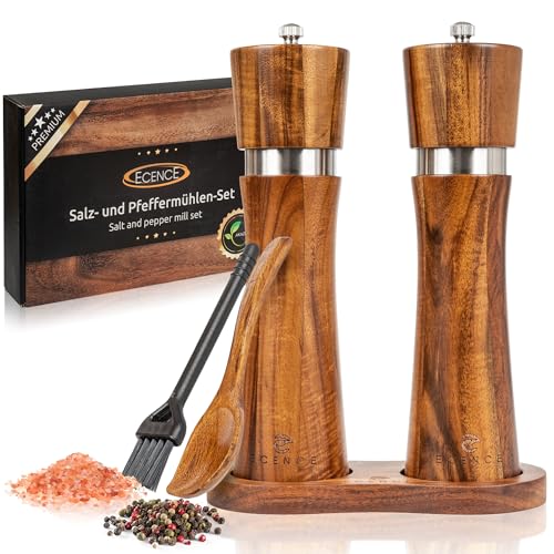 ECENCE Molinillo Pimienta y Sal de Madera de acacia - Juego de 2 molinillos especias con mecanismo de cerámica, incluye cepillo de limpieza y base