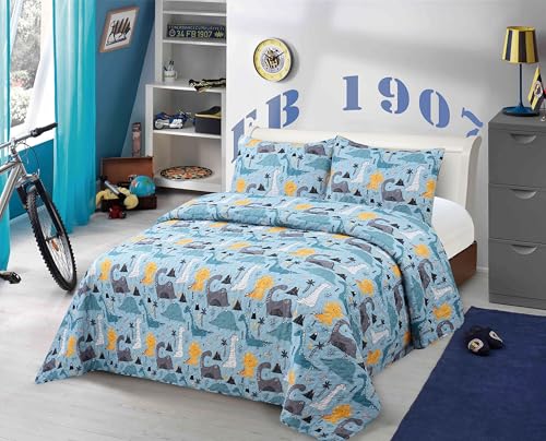 MK Collection Bedspread Set Kids Teens Dinosaur Themed Bedding Set, Dino Aqua Dinosaur Grey Yellow Bedspread Set New (Full/Queen)