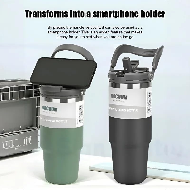 Image of 900ml Tumbler with Handle and Straw Stainless Steel Double Wall Insulated Tumblers Cup, Coffee Mug Travel Icold up 17h - Hot 12h Tumbler for Car Office Gym Travel (White)