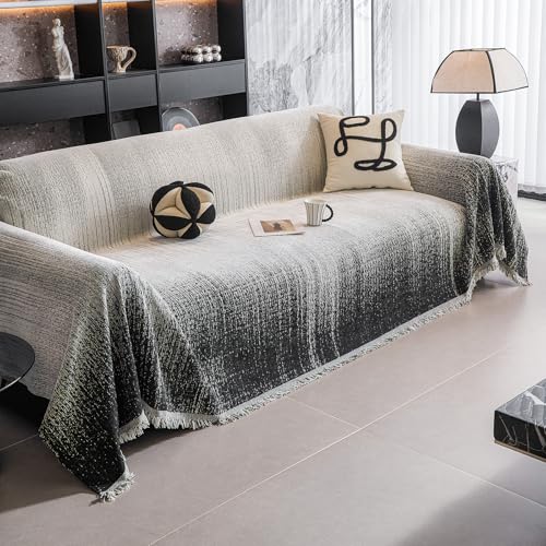 VanderHOME Funda Sofa, Manta Reversible de Chenilla para Sofá, Gruesa y Resistente, Antirrayaduras para Mascotas, Funda Decorativa con Rayas Coloridas y Flecos 180 * 300cm-Negro