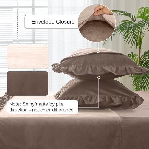 Image of Velvet Plush Flannel Sheet Set - Queen Size 4-Piece - Ruffled Edge Design, 16 Inch Deep Pocket, Anti-Pilling & Fade Resistant - 220 GSM Breathable Luxury All-Season Bedding, Khaki