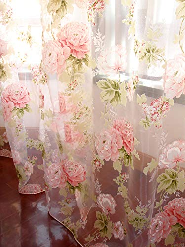 Rod Pocket Sheer Curtain, Elegant 2 Pieces - Total Size 120 Inch Wide (60 Inch Each Panel)- 63 Inch Long, Natural Light Flow, Pink Flower (63-in L)