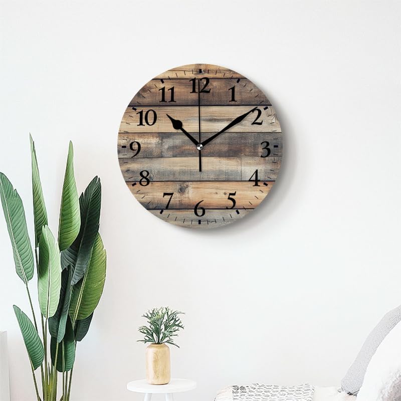 Quartz Wall Clocks Non-Ticking Silent Battery Operated Modern Wall Clocks Decorative for Home,Bedroom-Wood Planks with Brown Stain of Paint(16inch)
