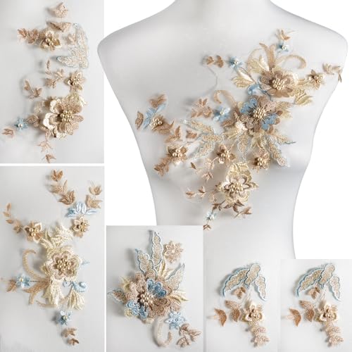 Silvora 6 PCS Flower Fabric Beaded Pearl Lace Applique,...
