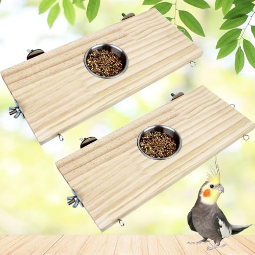 Image of FlidRunest 2 Pack Bird Perch Bird Feeding Cup Parrot Wood Perch Stand Toy Bird Cage Accessory for Parakeet Lovebird Conure Budgie Canary Finch Small Parrots 11.8x5.1 Inches