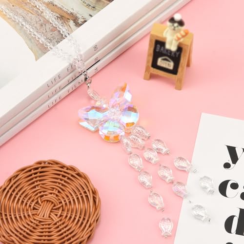 Image of Crystal Butterfly Car Rear View Mirror Hanging Ornament Lucky Butterfly with Fishes Tassel Bead Sun Catcher Pendant Car Interior Decoration Accessories