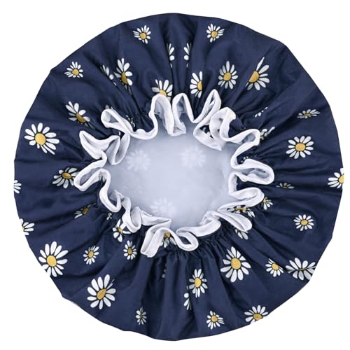 Premium Double Layer Shower Cap for Women with Unique Flower Design- Reusable Shower Cap for Hair - Waterproof Plastic Cap - Shower Caps for Long Short and Curly Hairs (A)