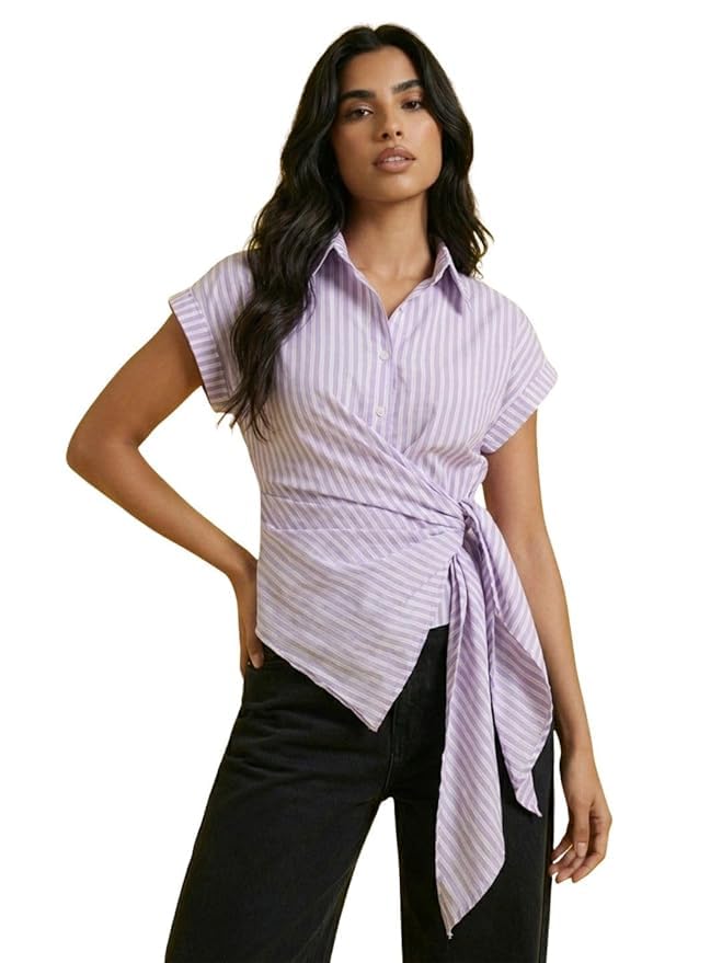 Women's Cotton Striped Wrap-Style Shirt with Tie-Knot Detail-image-31